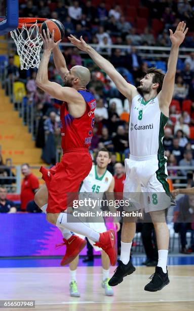 James Augustine, #5 of CSKA Moscow competes with Birkan Batuk, #8 of Darussafaka Dogus Istanbul in action during the 2016/2017 Turkish Airlines...