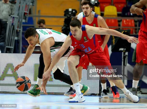 Ante Zizic, #41 of Darussafaka Dogus Istanbul competes with Semen Antonov, #11 of CSKA Moscow in action during the 2016/2017 Turkish Airlines...