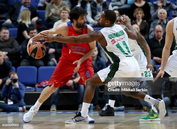 Milos Teodosic, #4 of CSKA Moscow competes with Bradley Wanamaker, #11 of Darussafaka Dogus Istanbul in action during the 2016/2017 Turkish Airlines...