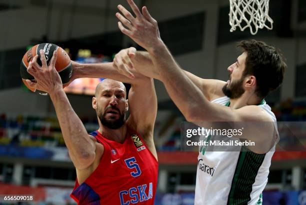 James Augustine, #5 of CSKA Moscow competes with Furkan Aldemir, #19 of Darussafaka Dogus Istanbul in action during the 2016/2017 Turkish Airlines...