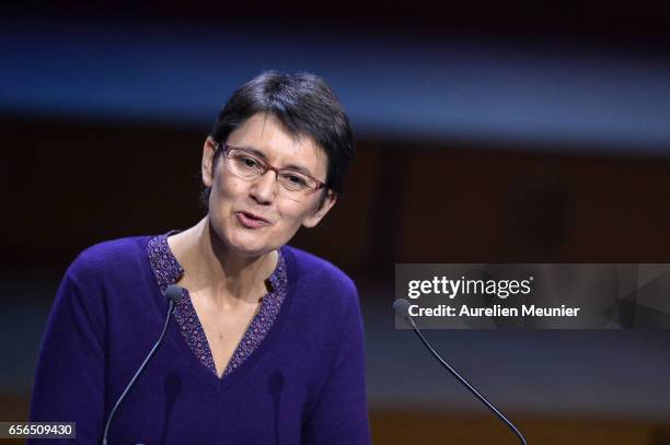 French Presidential Candidate Nathalie Arthaud addresses mayors during a conference at Maison de la Radio on March 22, 2017 in Paris, France. The...