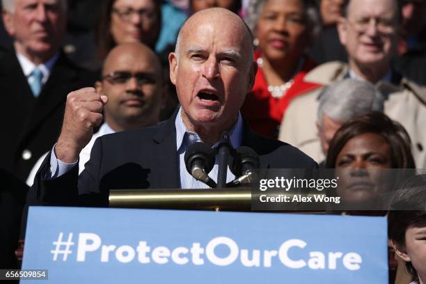 California Governor Jerry Brown speaks during an event on health care at the House East Front of the Capitol March 22, 2017 in Washington, DC. House...