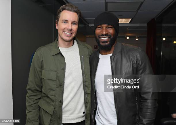 Actors Dax Shepard and Tyson Beckford run into each other in the hall at the SiriusXM Studios on March 22, 2017 in New York City.