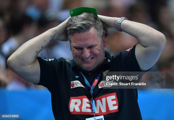 Nikolaj Jacobsen, head coach of Rhein Neckar reacts during the first leg round of 16 EHF Champions League match between THW Kiel and Rhein Neckar...