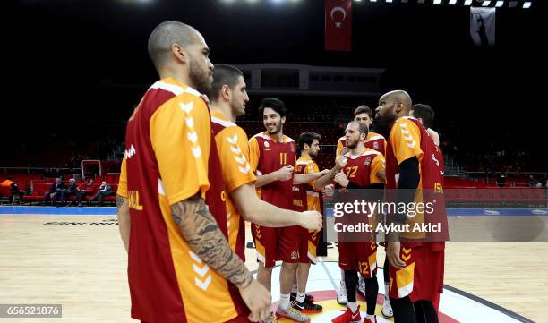 Players of Galatasaray Odebank Istanbul warms-up prior to the 2016/2017 Turkish Airlines EuroLeague Regular Season Round 27 game between Galatasaray...