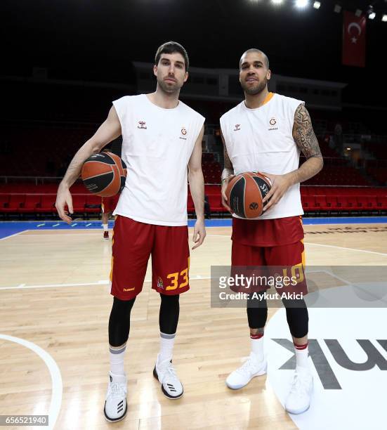 Jon Diebler, #33 of Galatasaray Odeabank Istanbul with Blake Schilb, #10 of Galatasaray Odeabank Istanbul warms-up prior to the 2016/2017 Turkish...