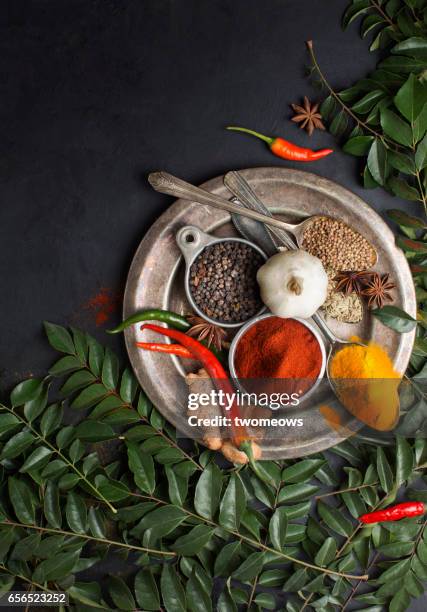 assorted herbs and spices on rustic wooden background. - curry leaves stockfoto's en -beelden