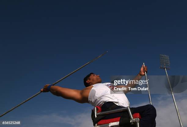 Neeraj Yadav of India competes in Javelin Wheelchair Men's final during the 9th Fazza International IPC Athletics Grand Prix Competition - World Para...