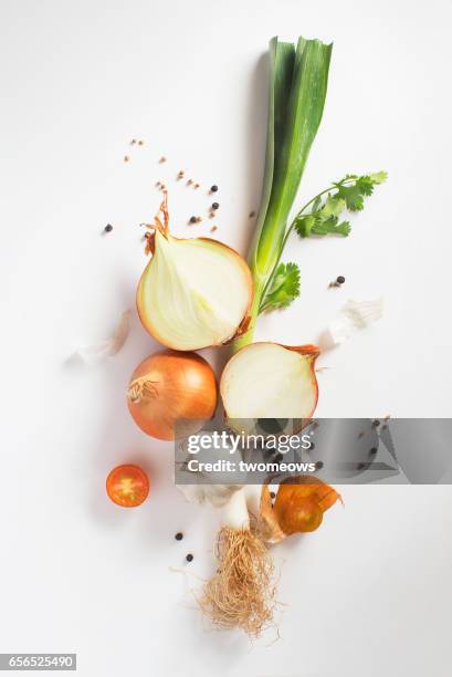 assorted herbs and spices on rustic white wooden background. - cebola imagens e fotografias de stock