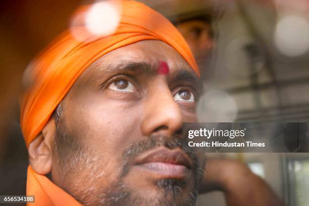 Accused Bhavesh Patel after conviction in the Ajmer blast case, in police van at the court, on March 22, 2017 in Jaipur, India. The National...