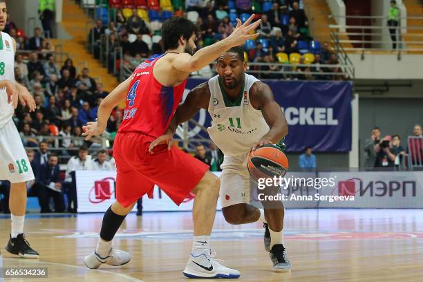 Brad Wanamaker of the Darussafaka Dogus Istanbul drives to the basket against Milos Teodosic of the CSKA Moscow during the 2016/2017 Turkish Airlines...