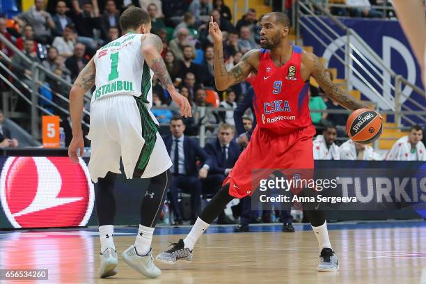 Aaron Jackson of the CSKA Moscow reacts against Scottie Wilbekin of the Darussafaka Dogus Istanbul during the 2016/2017 Turkish Airlines EuroLeague...