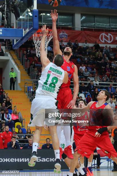 James Augustine of the CSKA Moscow shoots the ball against Adrien Moerman of the Darussafaka Dogus Istanbul during the 2016/2017 Turkish Airlines...