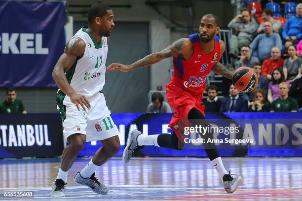 Aaron Jackson of the CSKA Moscow drives to the basket against Brad Wanamaker of the Darussafaka Dogus Istanbul during the 2016/2017 Turkish Airlines...