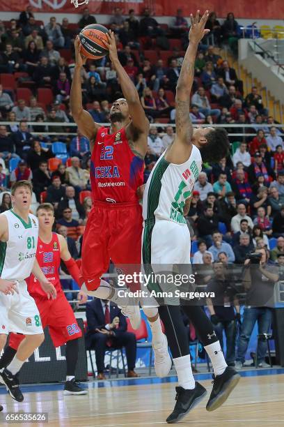 Cory Higgins of the CSKA Moscow shoots the ball against Will Clyburn of the Darussafaka Dogus Istanbul during the 2016/2017 Turkish Airlines...