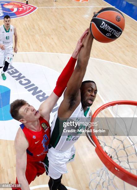 James Anderson, #23 of Darussafaka Dogus Istanbul competes with Andrey Vorontsevich, #20 of CSKA Moscow in action during the 2016/2017 Turkish...