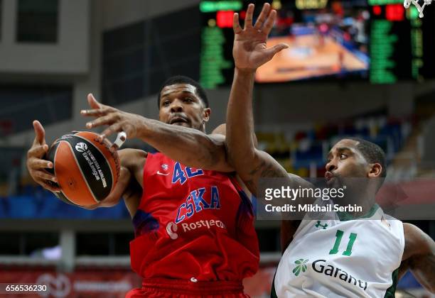 Kyle Hines, #42 of CSKA Moscow competes with Bradley Wanamaker, #11 of Darussafaka Dogus Istanbul in action during the 2016/2017 Turkish Airlines...