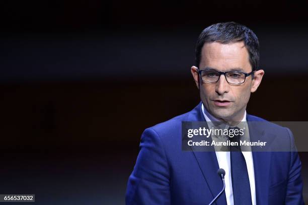 French Presidential Candidate Benoit Hamon addresses mayors during a conference at Maison de la Radio on March 22, 2017 in Paris, France. The...
