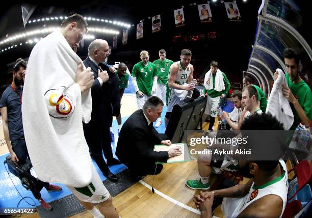 Evgeny Pashutin, Head Coach of Unics Kazan in action during the 2016/2017 Turkish Airlines EuroLeague Regular Season Round 27 game between...