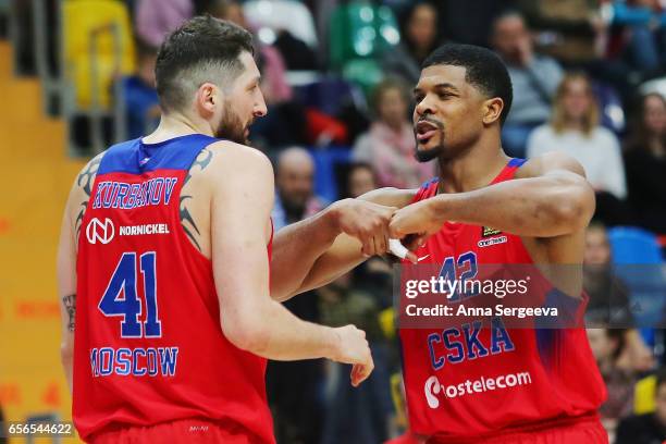 Kyle Hines of the CSKA Moscow speaks to Nikita Kurbanov during the 2016/2017 Turkish Airlines EuroLeague Regular Season Round 27 game between CSKA...