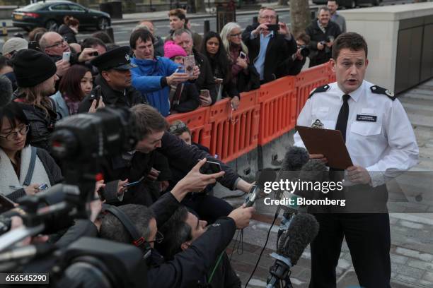 Harrington, commander at the Metropolitan police, reads a statement to the media following an incident on Westminster Bridge and the Houses of...