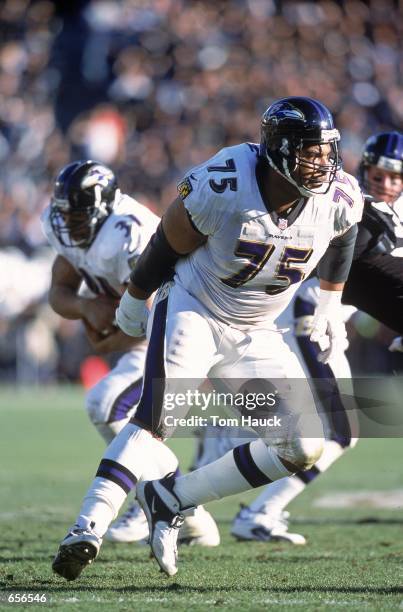 Jonathan Ogden of the Baltimore Ravens moves on the field during the AFC Championship Game against the Oakland Raiders at the Network Associates...