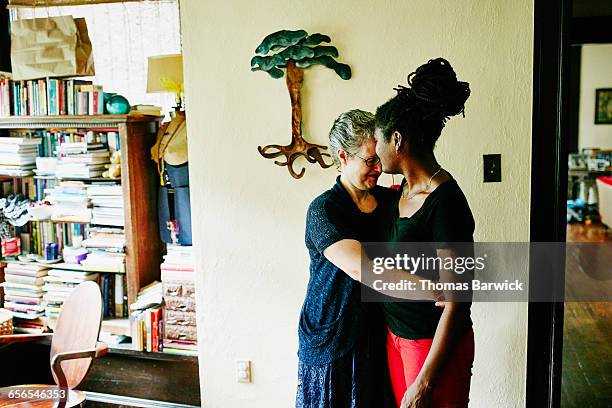 married lesbian couple embracing in home - leanincollection foto e immagini stock