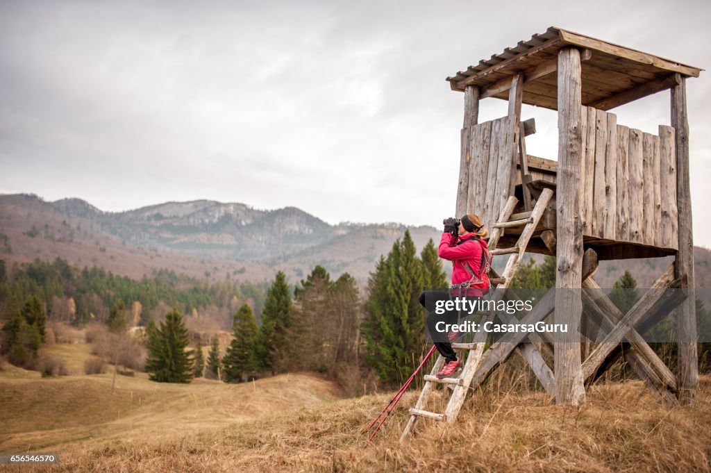 Active Young Woman Observing The Nature While She Walking On The Plateu