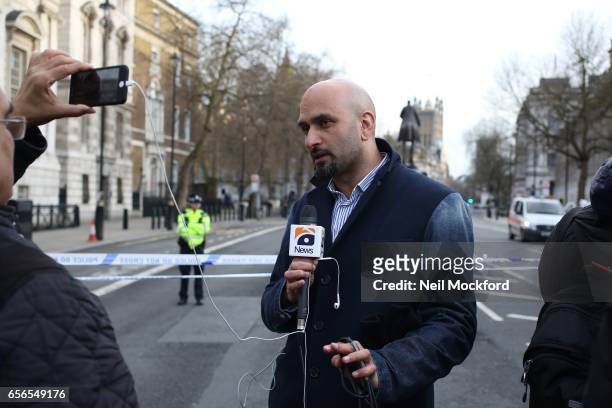 World Media reporting at Whitehall on March 22, 2017 in London, England. A police officer was stabbed near to the British Parliament and the alleged...