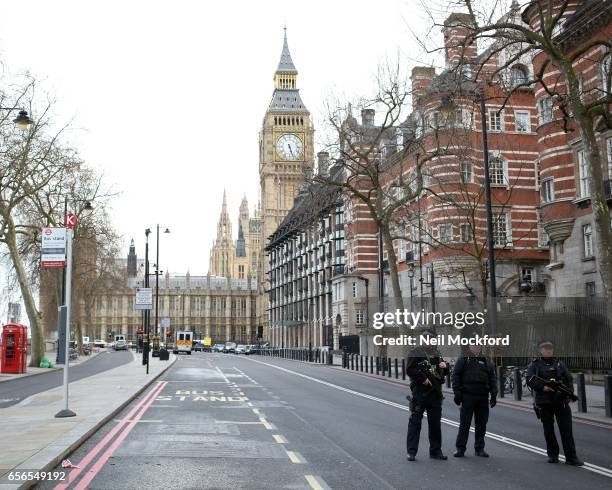 Armed Police on Embankment outside The Houses of Parliament on March 22, 2017 in London, England. A police officer was stabbed near to the British...