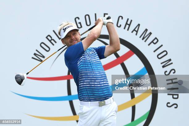 Soren Kjeldsen of Denmark tees off on the 15th hole of his match during round one of the World Golf Championships-Dell Technologies Match Play at the...