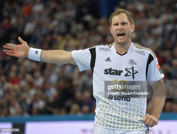 Steffen Weinhold of Kiel reacts during the first leg round of 16 EHF Champions League match between THW Kiel and Rhein Neckar Loewen at Sparkassen...