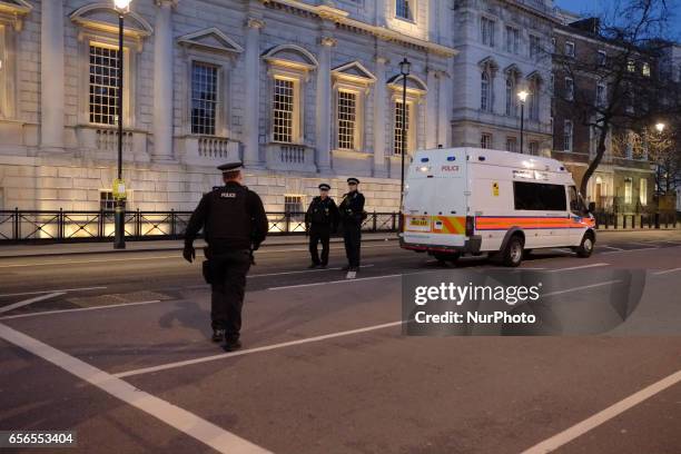 Central London is locked down as a suspected terror attack hits Westminster on 22 March 2017. A police officer and a woman have been killed near...