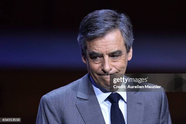 French Presidential Candidate Francois Fillon addresses mayors during a conference at Maison de la Radio on March 22, 2017 in Paris, France. The...