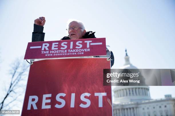 Sen. Bernie Sanders speaks during a rally in front of the Capitol March 22, 2017 in Washington, DC. Sanders urged the Senate to reject President...