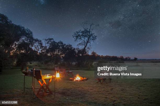 a safari camp at night under starry sky - camping night stock pictures, royalty-free photos & images