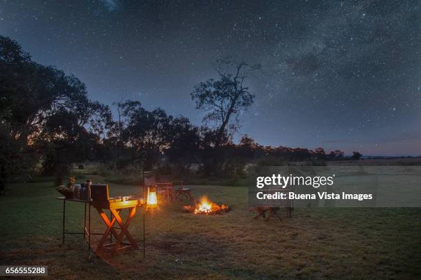 a safari camp at night under starry sky - night safari stock pictures, royalty-free photos & images