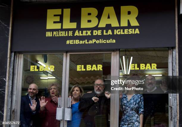 Jaime Ordonez, Carmen Machi, Alex de la Iglesia, Blanca Suarez, Joaquin Climent during 'El Bar' Photocall at Paletinos bar on March 22, 2017 in...