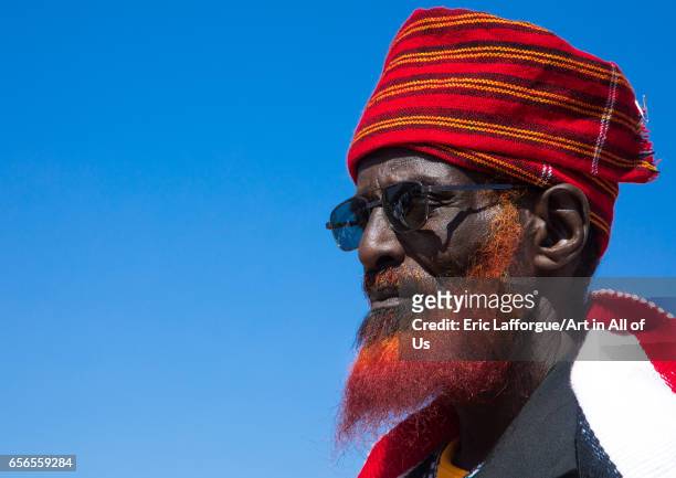Borana tribe elder with a red beard looks on during the Gada system ceremony, Oromia, Yabelo, Ethiopia on March 7, 2017 in Yabelo, Ethiopia.