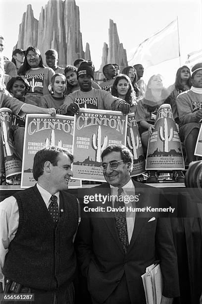 White House Chief of Staff Leon Panetta talks with unidentified man during President Clinton's re-election bid rally at Arizona State University...