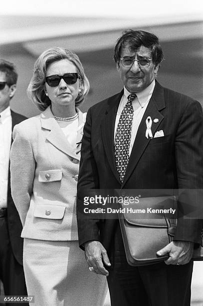 First Lady Hillary Clinton and White House Chief of Staff Leon Panetta at JFK Airport in New York on July 26, 1996. The President traveled to New...