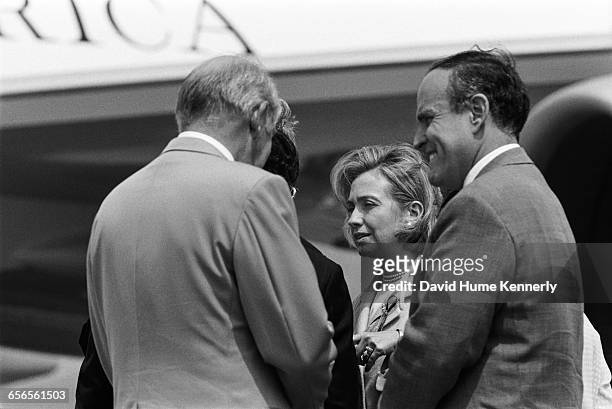 New York Mayor Rudy Giuliani, First Lady Hillary Clinton and White House Chief of Staff Leon Panetta at JFK Airport in New York on July 26, 1996. The...