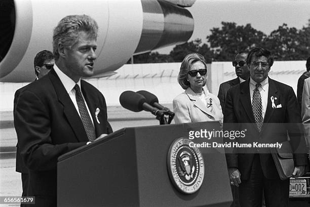 President Bill Clinton at JFK International Airport during a press conference regarding the crash of TWA Flight 800 on July 26, 1996. The crash off...