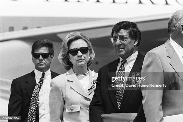 First Lady Hillary Clinton and White House Chief of Staff Leon Panetta at JFK Airport in New York on July 26, 1996. The President traveled to New...