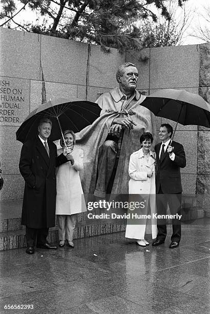 President Bill Clinton, First Lady Hillary Clinton, Cherie Blair and British Prime Minister Tony Blair at the FDR memorial on February 6, 1998.