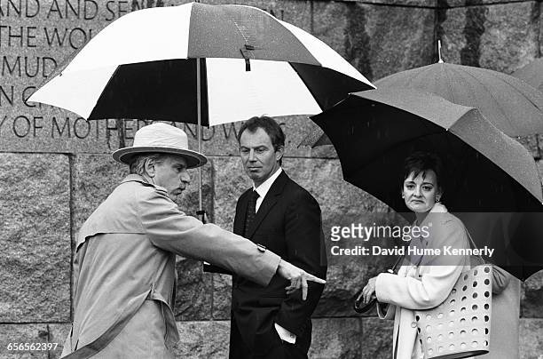 Cherie Blair and British Prime Minister Tony Blair getting a tour from National Park superintendent Arnold Goldstein at the FDR memorial on February...