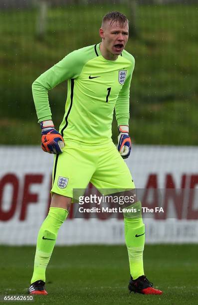Aaron Ramsdale of England in action during the UEFA U19 International Qualifier between England and Norway at St Georges Park on March 22, 2017 in...