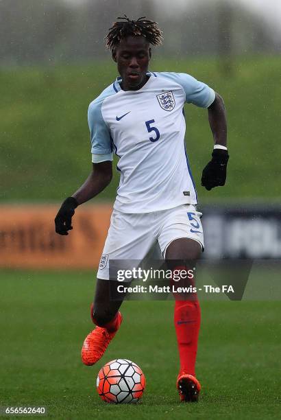 Trevoh Chalobah of England in action during the UEFA U19 International Qualifier between England and Norway at St Georges Park on March 22, 2017 in...