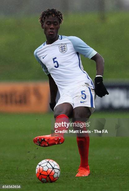Trevoh Chalobah of England in action during the UEFA U19 International Qualifier between England and Norway at St Georges Park on March 22, 2017 in...