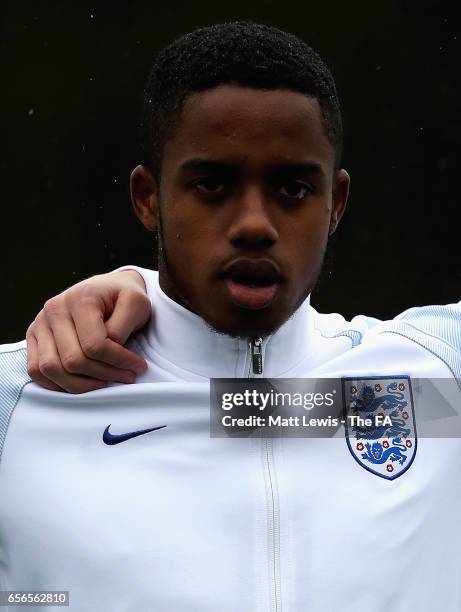 Ryan Sessegnon of England looks on during the UEFA U19 International Qualifier between England and Norway at St Georges Park on March 22, 2017 in...